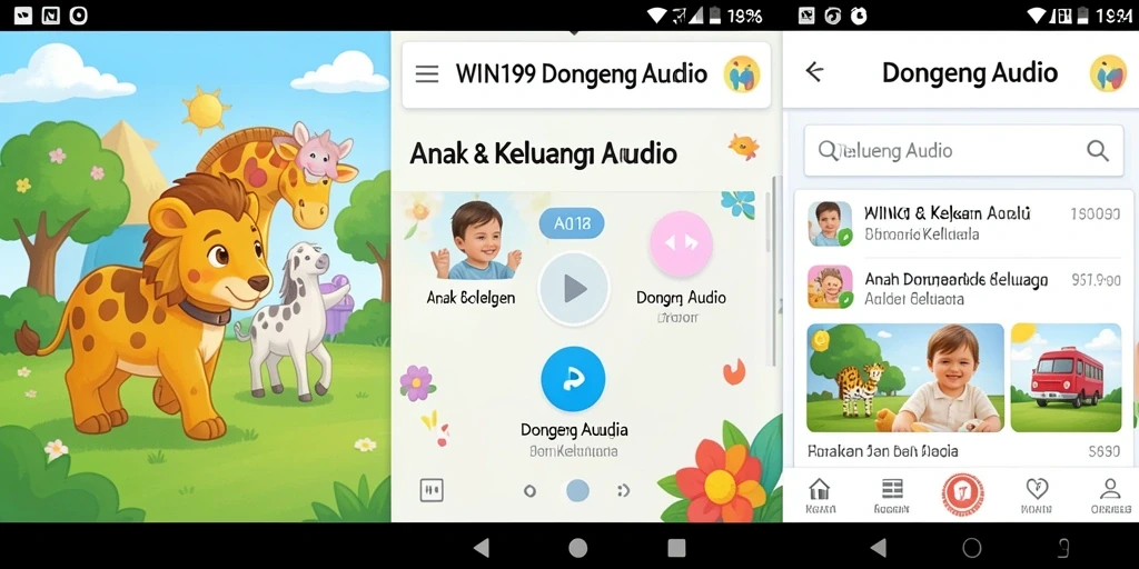 Tampilan antarmuka WIN199 yang ramah anak saat mendengarkan dongeng.